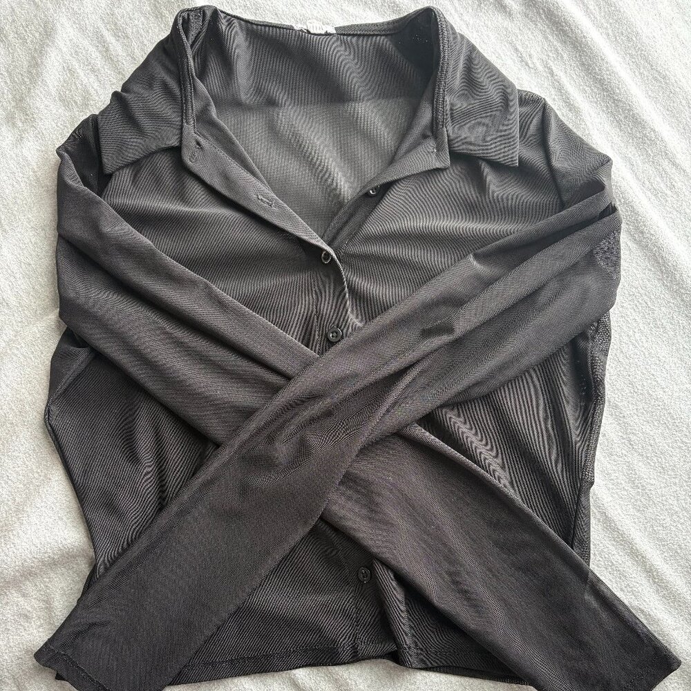 Garage Black Collared Mesh Button-Up Long Sleeve